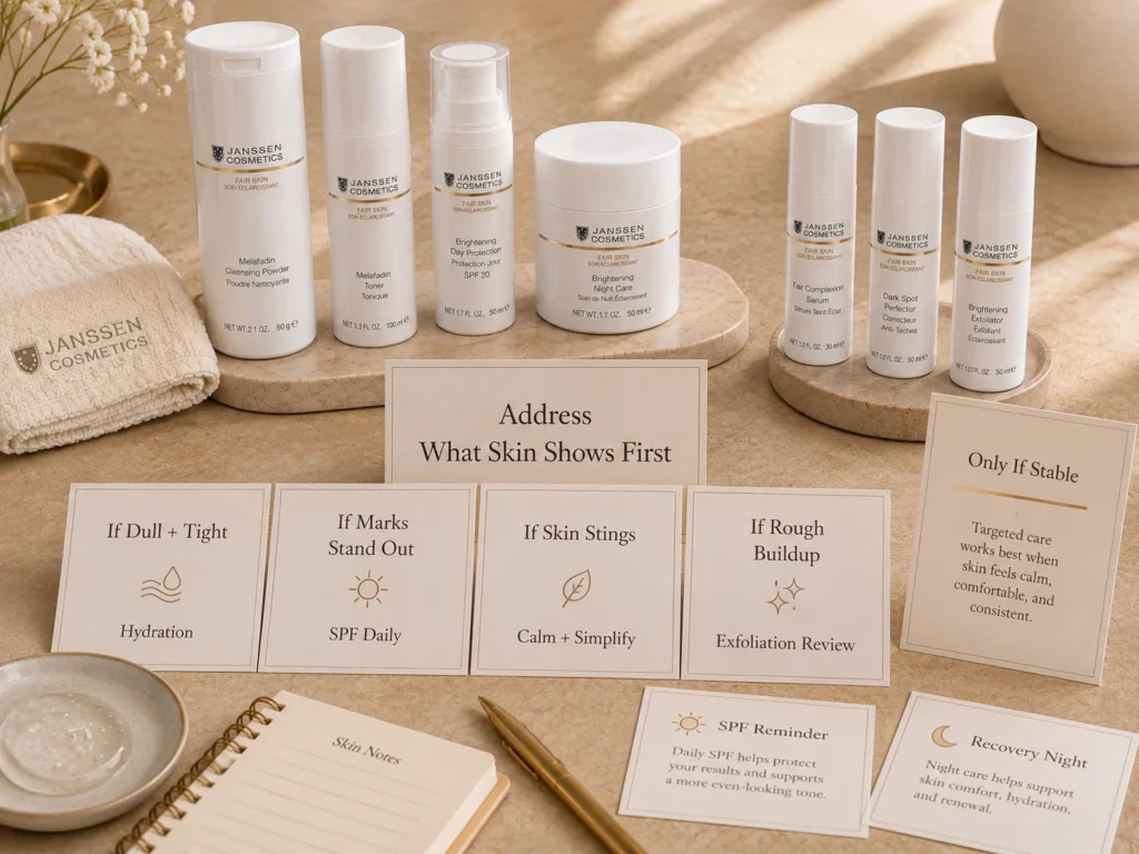 Luxury skincare education image showing what to address first when skin looks both dull and uneven.