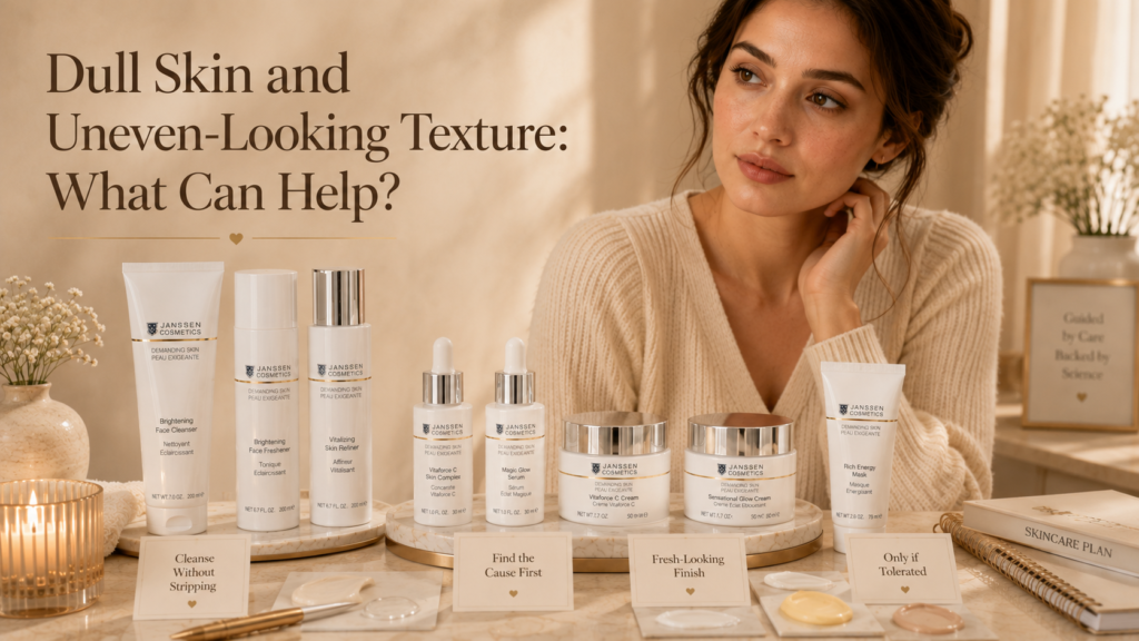 Luxury skincare image showing dull skin with uneven-looking texture and a consultation-first routine review.