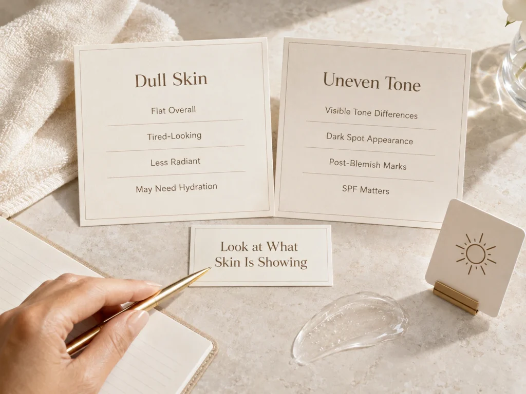 Luxury educational image explaining dull skin versus uneven-looking tone with simple comparison cards.