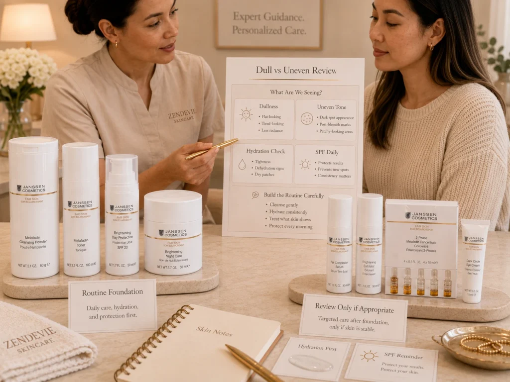 Esthetician-guided consultation reviewing dull skin versus uneven-looking tone with verified Janssen Cosmetics FAIR SKIN products.