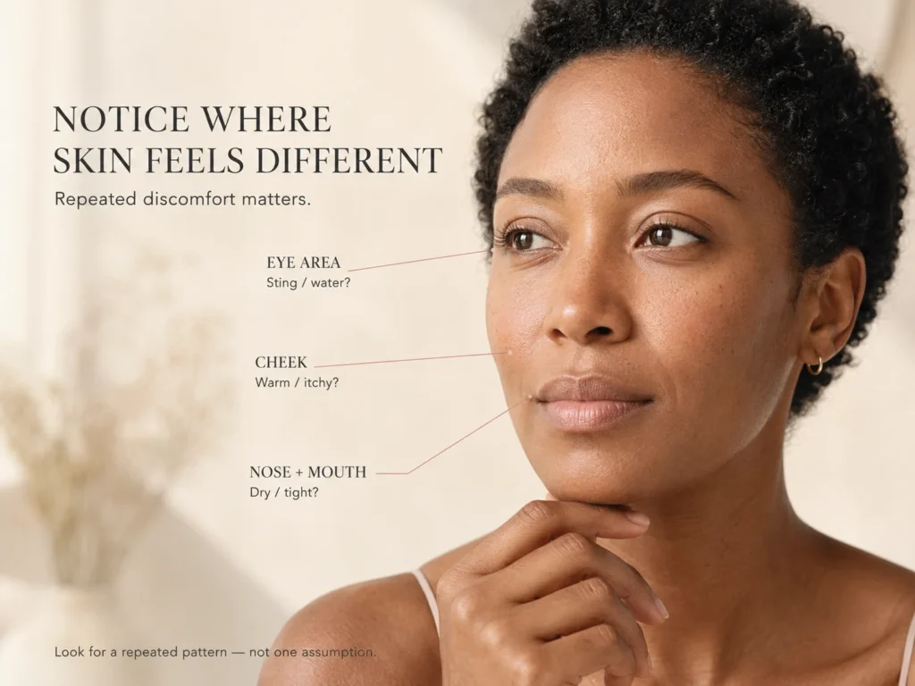 Sensitive-skin model with leader lines showing possible discomfort around the cheek, eye area, and nose or mouth after an aromatic product.