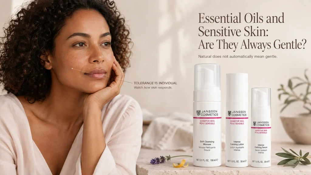 Sensitive-skin model beside verified Janssen Sensitive Skin products with botanical cues illustrating that natural essential oils are not automatically gentle.