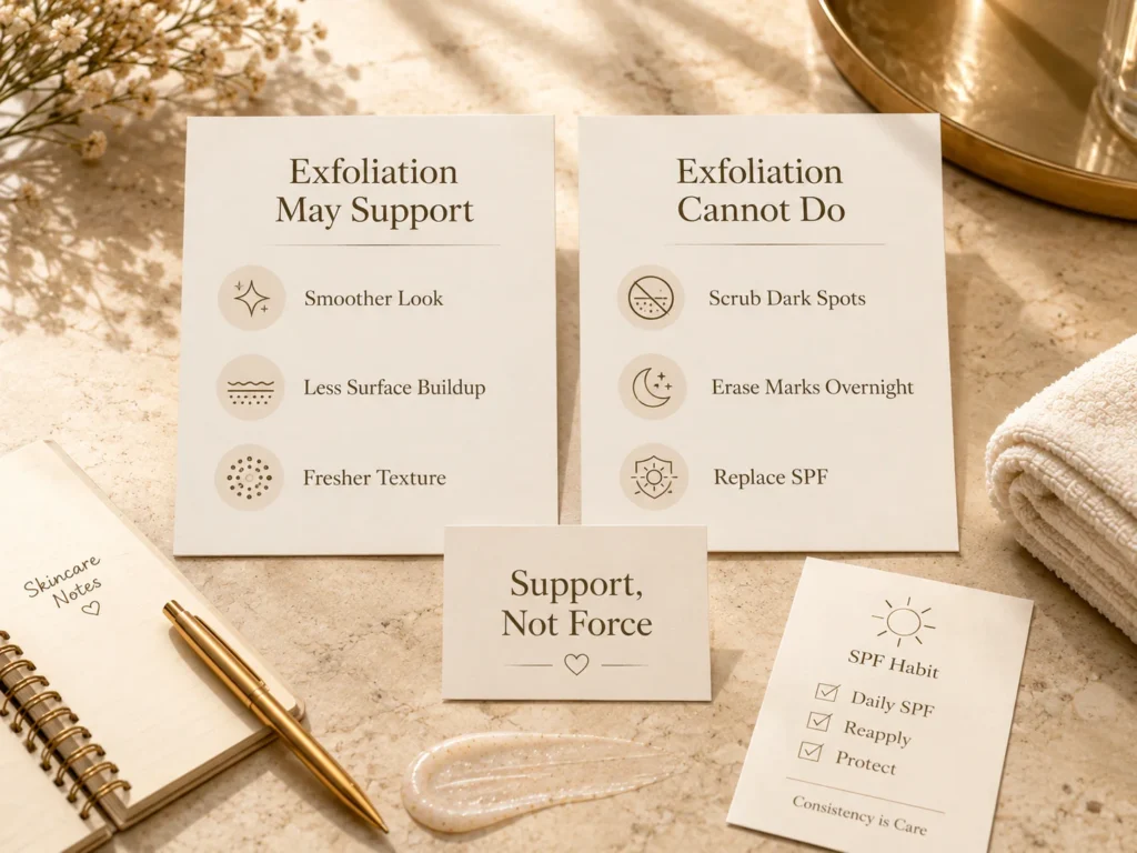 Luxury educational image explaining what exfoliation can and cannot do for uneven-looking skin.