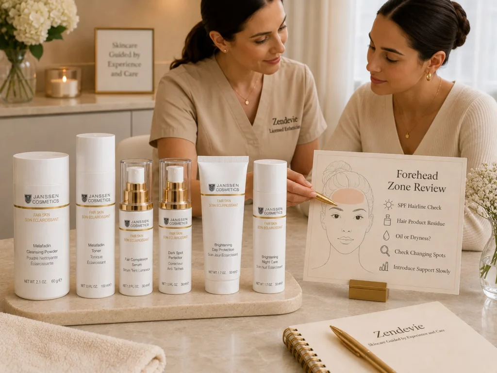 Esthetician-guided consultation showing forehead uneven-tone review with verified Janssen Cosmetics FAIR SKIN products.