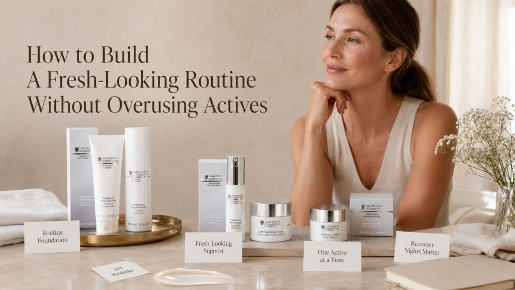 Luxury skincare image showing a fresh-looking routine built with cleanser, moisturizer, SPF habits, and one-active-at-a-time guidance.