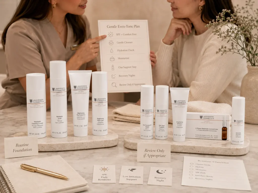 Esthetician-guided consultation showing a gentle plan to support a more even-looking complexion without harsh products using verified Janssen Cosmetics FAIR SKIN products.
