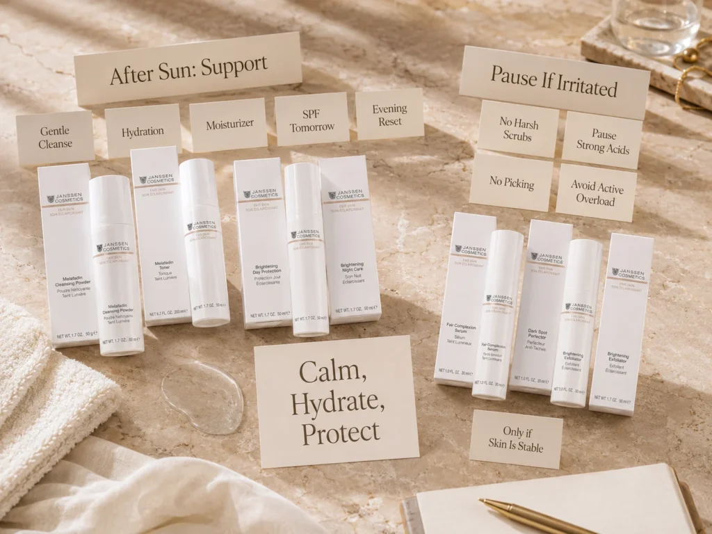 Luxury skincare education image showing how to support uneven-looking tone gently after sun exposure with hydration, moisturizer, SPF, and no harsh scrubbing.