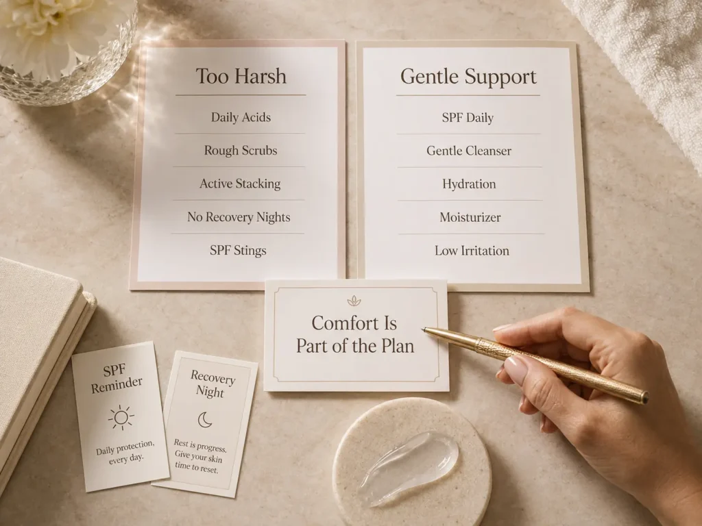 Luxury educational image showing harsh active overload versus gentle skincare support for uneven-looking tone.