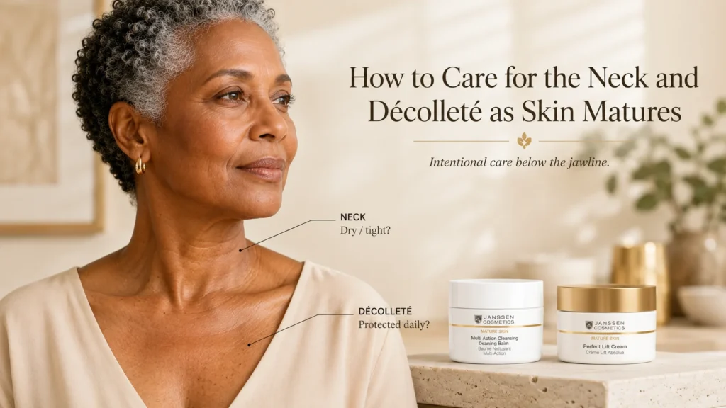 Mature woman showing natural neck and décolleté texture beside Janssen Mature Skin cleansing and moisturizing products when exact official photos are available.