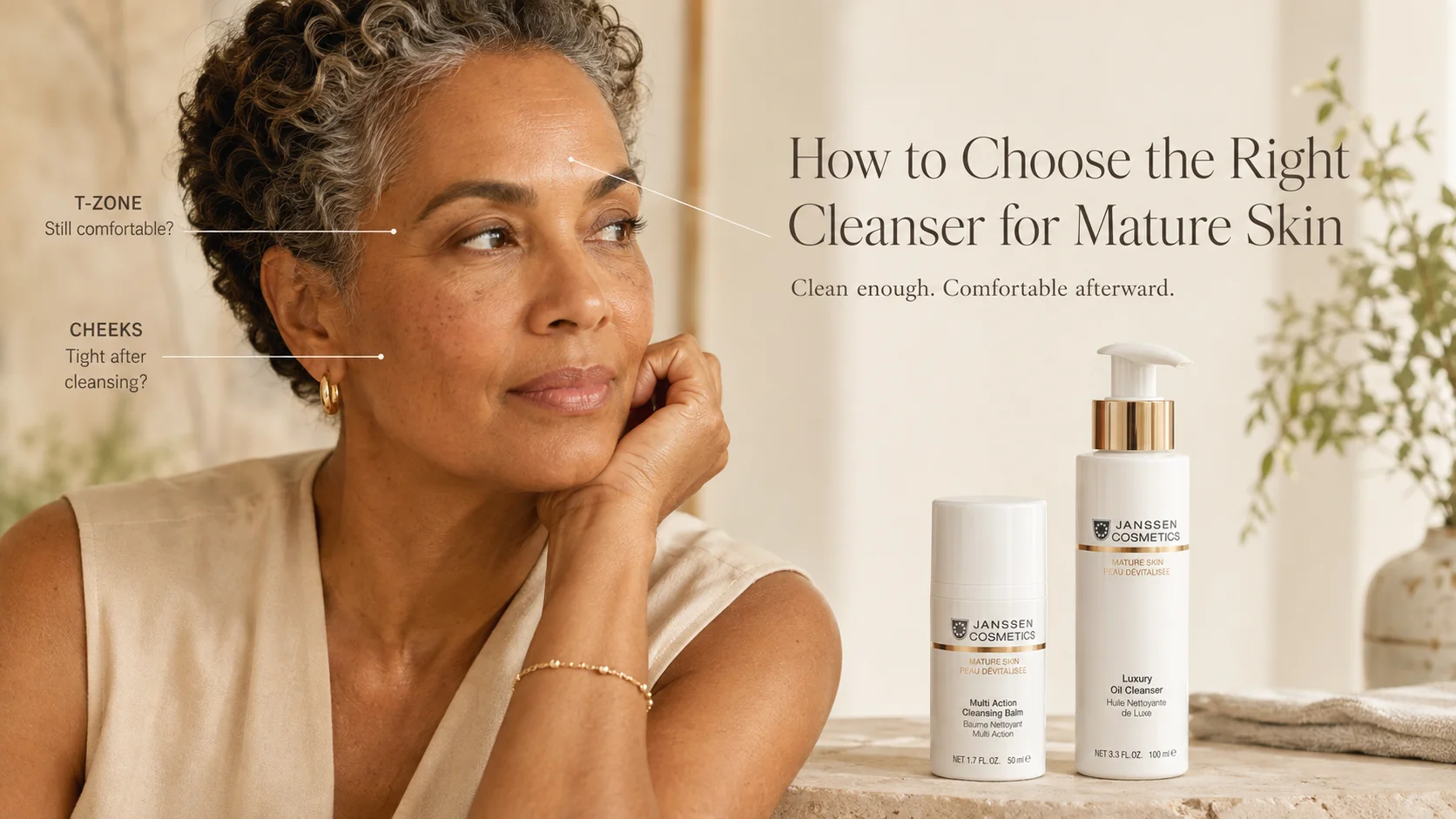 Mature-skin model with direct cues showing cheek tightness, eye-area discomfort, and T-zone residue or oiliness after cleansing.