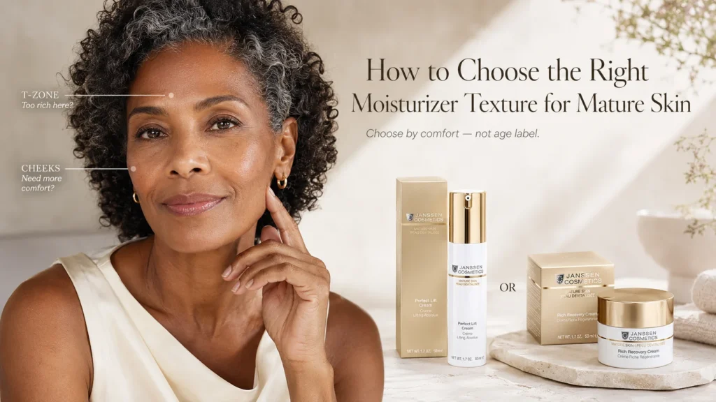 Mature woman beside alternative Janssen Perfect Lift Cream and Rich Recovery Cream moisturizer textures when exact official product references are available.