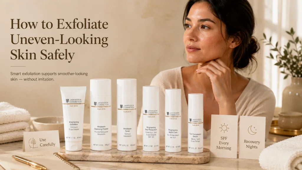 Luxury skincare image showing safe exfoliation for uneven-looking skin with verified Janssen Cosmetics FAIR SKIN products.