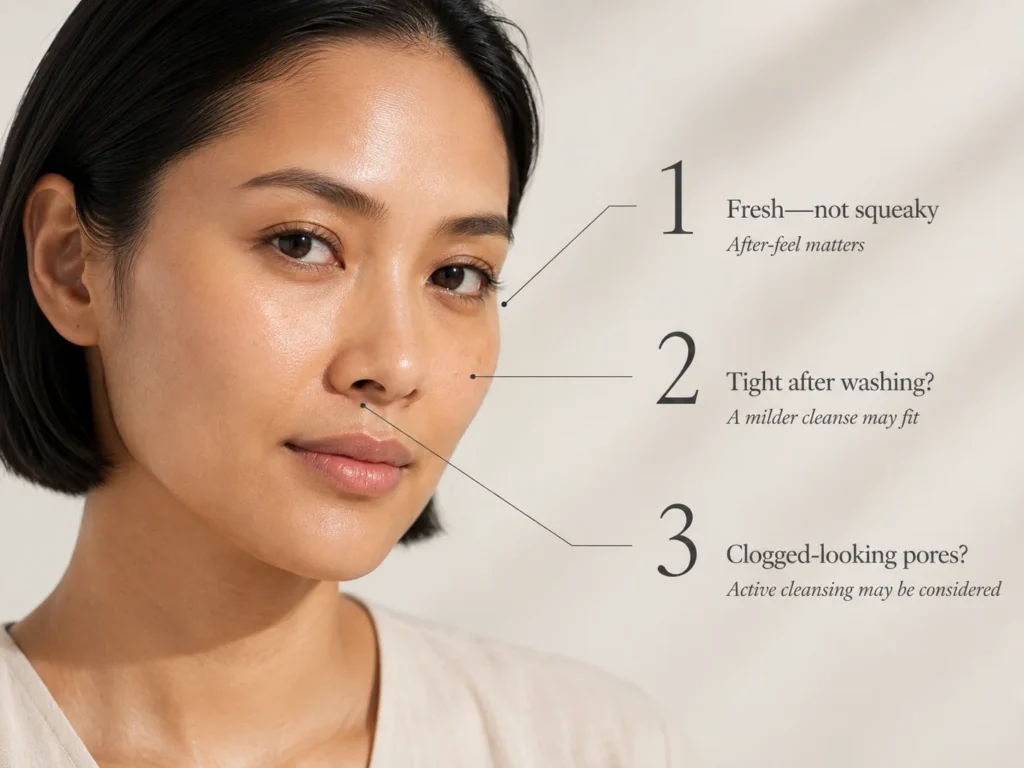 Close-up woman with three callouts explaining how clean-but-comfortable skin, post-cleansing tightness, and clogged-looking pores can guide oily-skin cleanser choice.