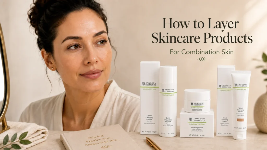 Adult woman with realistic combination skin beside a simple layering sequence showing lighter T-zone layers and more comfort on the cheeks.