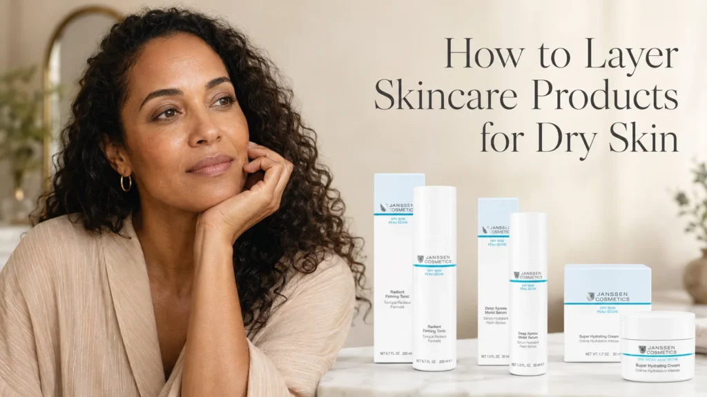 Woman with dry skin beside Janssen Radiant Firming Tonic, Deep Xpress Moist Serum, and Super Hydrating Cream for a skincare-layering article.