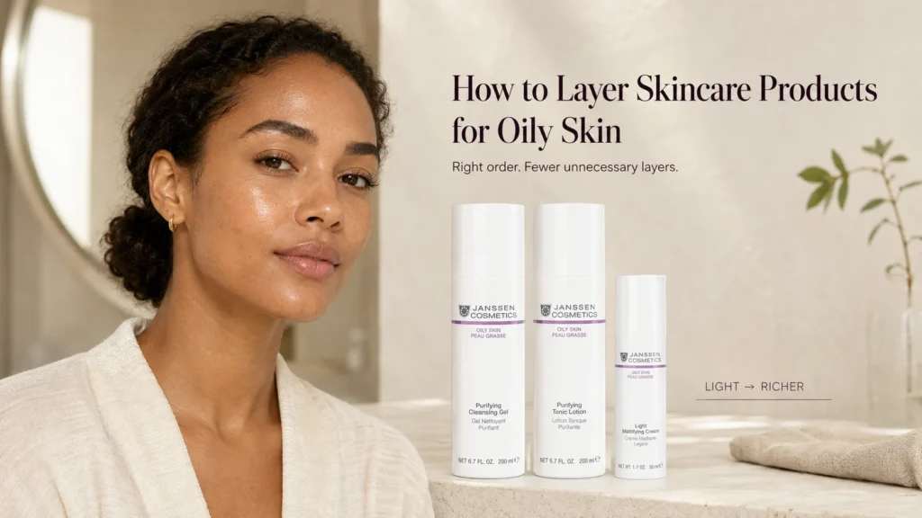 Woman beside verified Janssen Cosmetics Oily Skin cleanser, tonic and lightweight cream for an article explaining skincare layering order.
