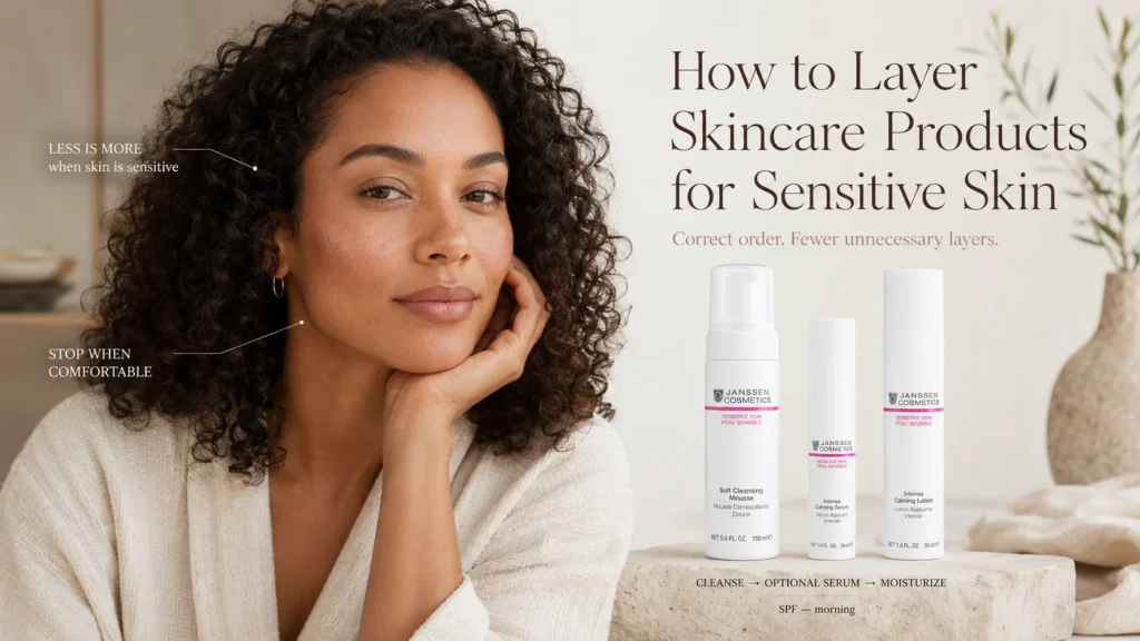 Sensitive-skin model beside a simplified Janssen Sensitive Skin cleanser, optional serum, and lightweight moisturizer layering sequence when exact official references are available.