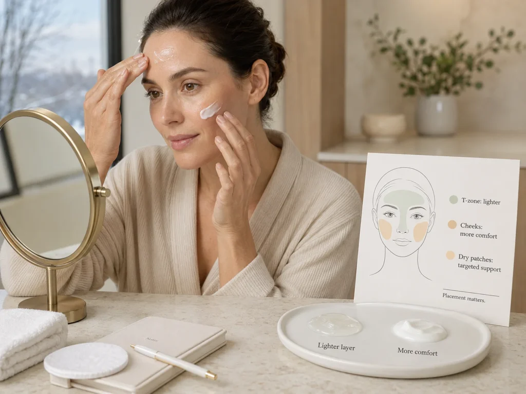 Woman applying a lighter layer to the T-zone and more comforting moisture to dry winter cheeks.
