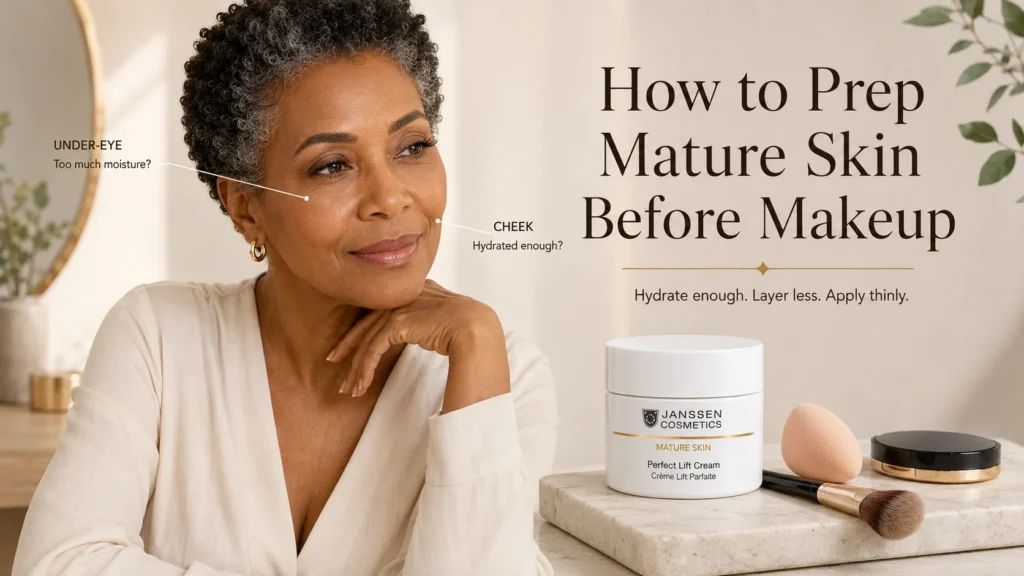Mature woman with natural skin texture prepared for light makeup beside Janssen Perfect Lift Cream when its exact official product photograph is available.