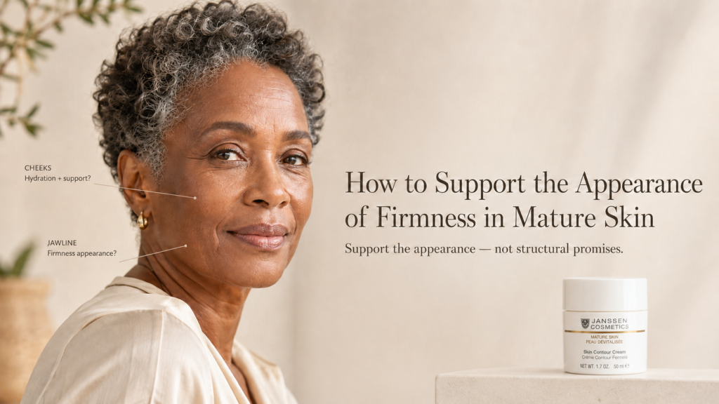 Mature woman with natural facial contours beside Janssen Skin Contour Cream when its exact official product photograph is available, illustrating realistic firmness-appearance support.