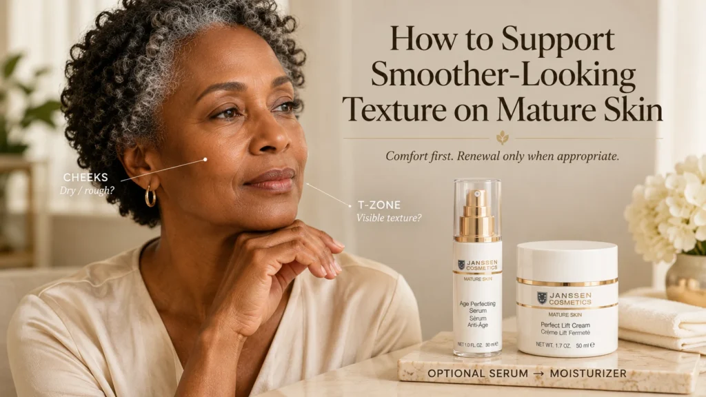 Mature woman with realistic pores and natural fine lines beside optional Janssen Age Perfecting Serum and Perfect Lift Cream when exact official product references are available.