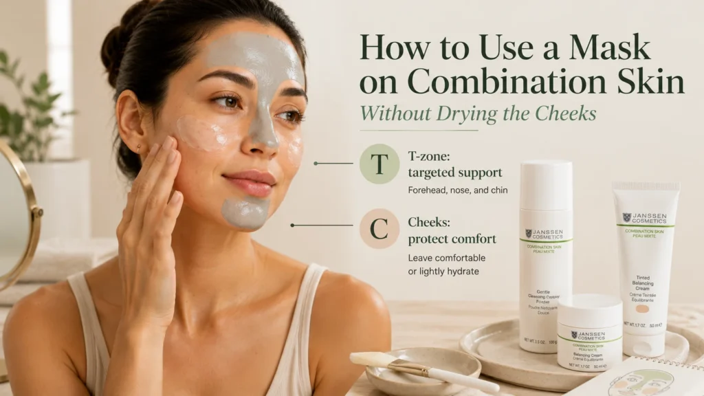 Woman using a thin mask only on the oily T-zone while protecting the cheeks from unnecessary drying.