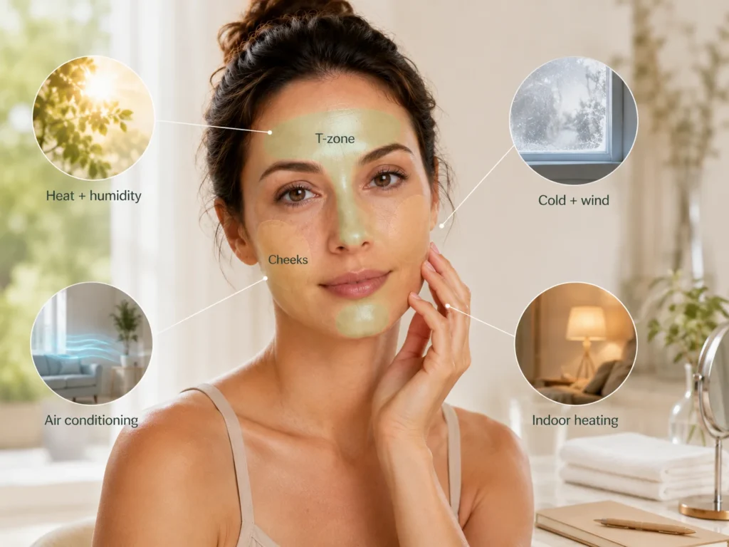 Combination skin showing how heat, cold, air conditioning, and indoor heating can affect the T-zone and cheeks differently.
