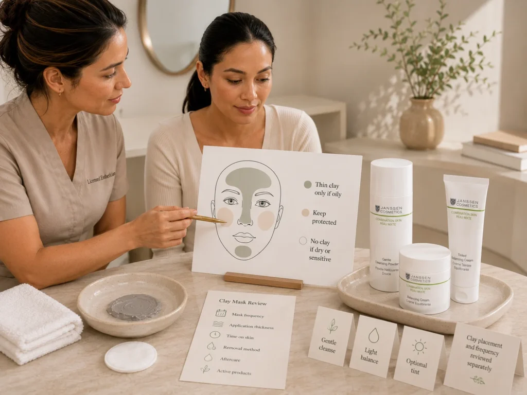 Licensed esthetician reviewing clay-mask placement and frequency beside verified Janssen Gentle Cleansing Powder, Balancing Cream, and Tinted Balancing Cream.