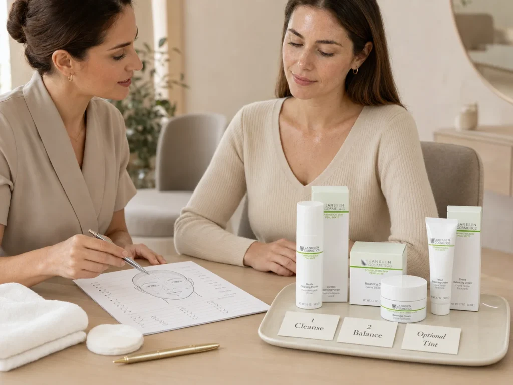 Licensed esthetician reviewing combination-skin zones beside verified Janssen Gentle Cleansing Powder, Balancing Cream, and Tinted Balancing Cream.