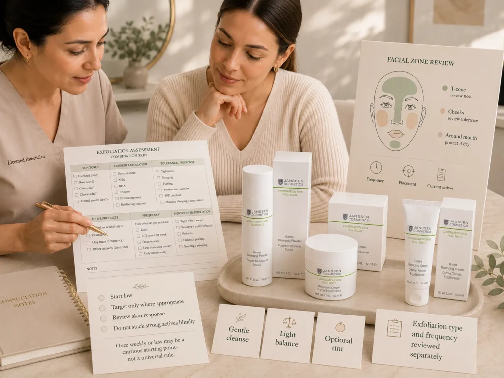 Licensed esthetician reviewing exfoliation type, frequency, facial zones, and tolerance beside verified Janssen Gentle Cleansing Powder, Balancing Cream, and Tinted Balancing Cream.