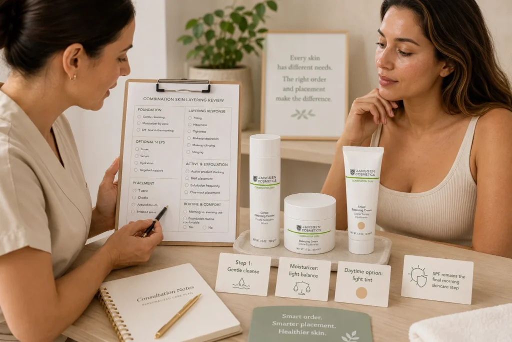 Licensed esthetician reviewing skincare order, product amount, facial-zone placement, and SPF layering beside verified Janssen Gentle Cleansing Powder, Balancing Cream, and Tinted Balancing Cream.