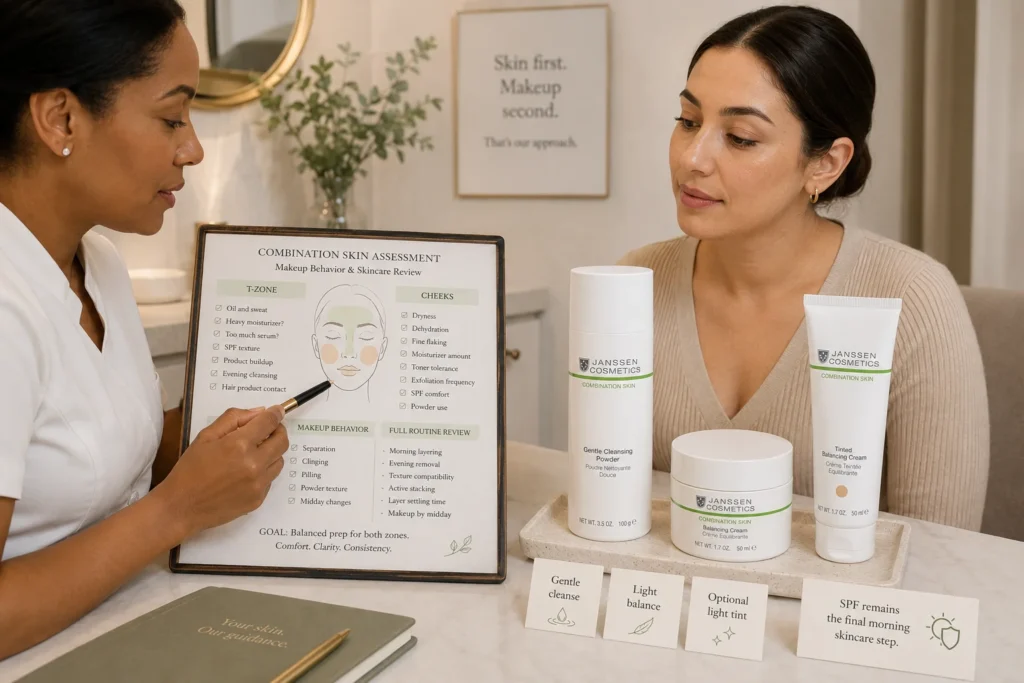 Licensed esthetician reviewing makeup separation, cheek dryness, SPF layering, and moisturizer placement beside verified Janssen Gentle Cleansing Powder, Balancing Cream, and Tinted Balancing Cream.