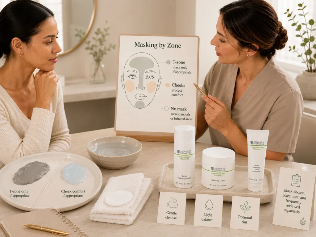Licensed esthetician reviewing mask placement and frequency beside verified Janssen Gentle Cleansing Powder, Balancing Cream, and Tinted Balancing Cream.