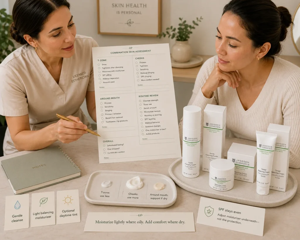 Licensed esthetician reviewing T-zone shine, cheek dryness, moisturizer texture, product amount, SPF layering, and makeup behavior beside verified Janssen Gentle Cleansing Powder, Balancing Cream, and Tinted Balancing Cream.