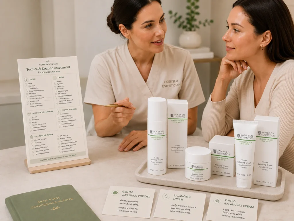 Licensed esthetician comparing moisturizer textures, T-zone heaviness, cheek comfort, SPF layering, and seasonal needs beside verified Janssen Gentle Cleansing Powder, Balancing Cream, and Tinted Balancing Cream.