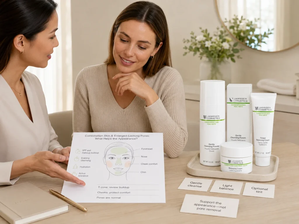 Licensed esthetician reviewing T-zone pore appearance beside verified Janssen Gentle Cleansing Powder, Balancing Cream, and Tinted Balancing Cream.