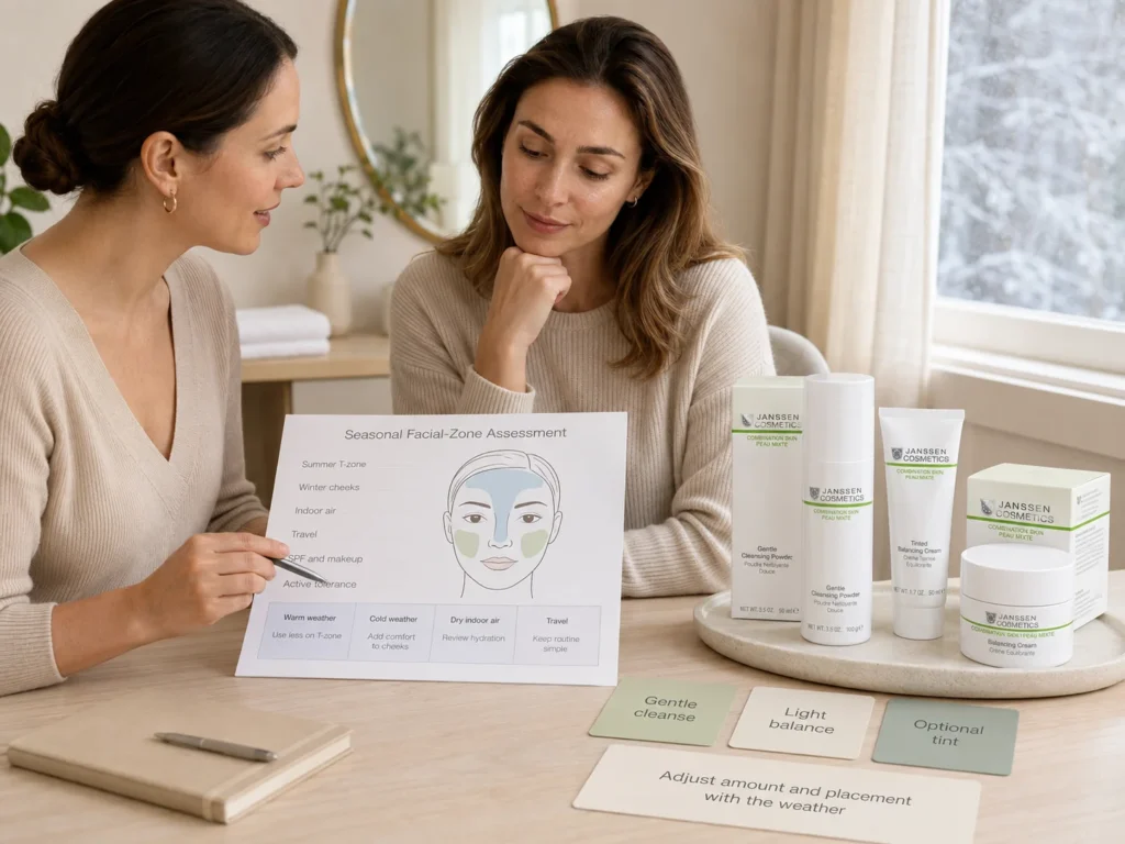 Licensed esthetician reviewing seasonal combination-skin changes beside verified Janssen Gentle Cleansing Powder, Balancing Cream, and Tinted Balancing Cream.
