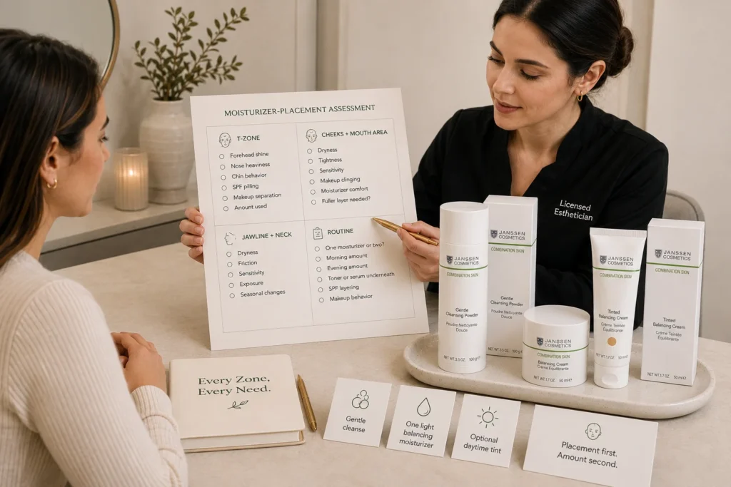 Licensed esthetician reviewing moisturizer amount for the forehead, nose, chin, cheeks, mouth area, jawline, and neck beside verified Janssen Gentle Cleansing Powder, Balancing Cream, and Tinted Balancing Cream.