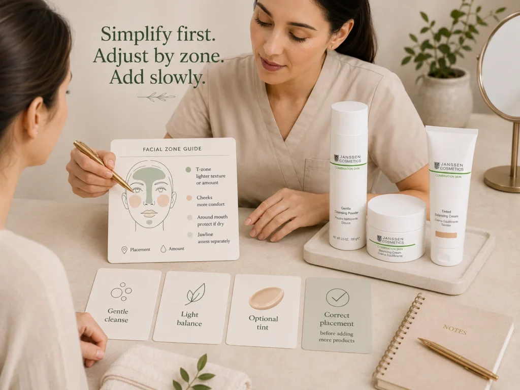 Licensed esthetician reviewing cleanser, moisturizer placement, SPF, exfoliation, and facial zones beside verified Janssen Gentle Cleansing Powder, Balancing Cream, and Tinted Balancing Cream.