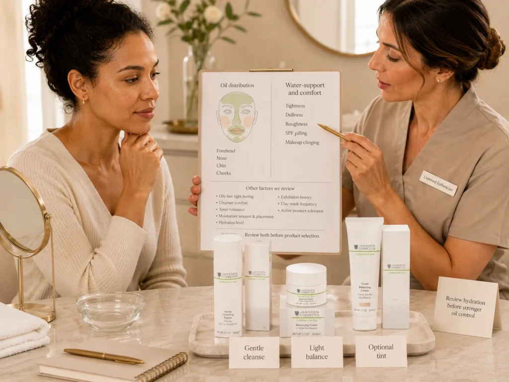 Licensed esthetician reviewing oil distribution and dehydration signs beside verified Janssen Gentle Cleansing Powder, Balancing Cream, and Tinted Balancing Cream.