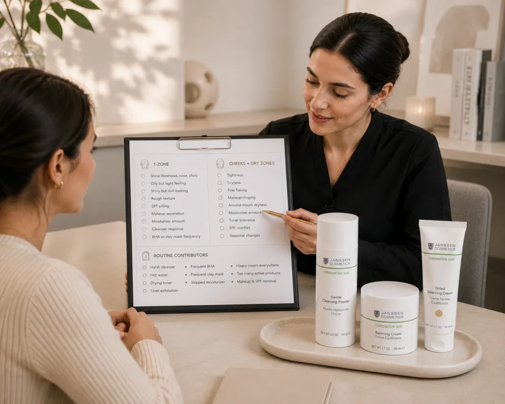 Licensed esthetician reviewing T-zone oiliness, tightness, lightweight hydration, and moisturizer placement beside verified Janssen Gentle Cleansing Powder, Balancing Cream, and Tinted Balancing Cream.