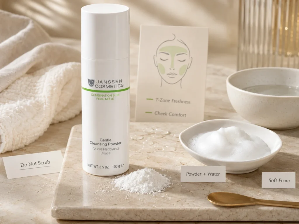 Luxury product education image showing Janssen Cosmetics Gentle Cleansing Powder with powder-to-foam texture for combination skin.