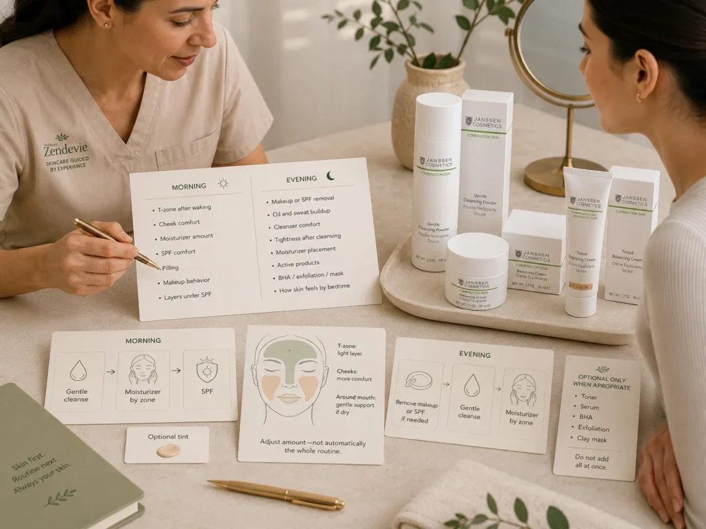 Licensed esthetician reviewing morning SPF layering and evening cleansing beside verified Janssen Gentle Cleansing Powder, Balancing Cream, and Tinted Balancing Cream.