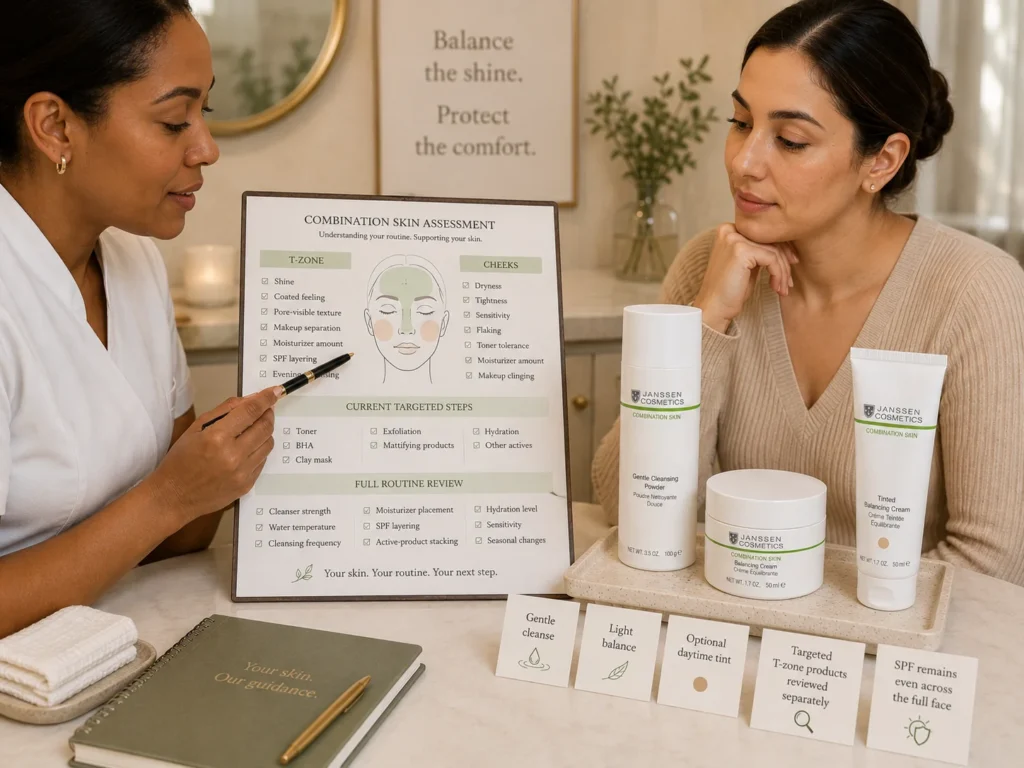 Licensed esthetician reviewing oily T-zone needs, dry-cheek comfort, moisturizer placement, and targeted product use beside verified Janssen Gentle Cleansing Powder, Balancing Cream, and Tinted Balancing Cream.