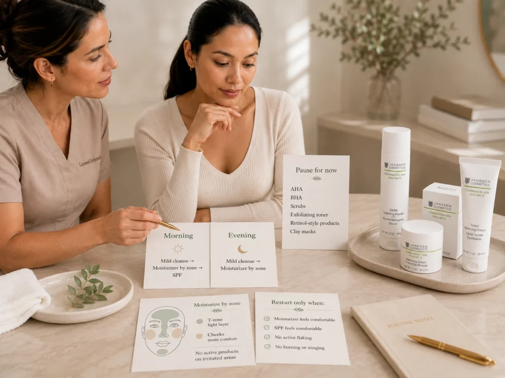 Licensed esthetician reviewing exfoliation habits and facial-zone comfort beside verified Janssen Gentle Cleansing Powder, Balancing Cream, and Tinted Balancing Cream.