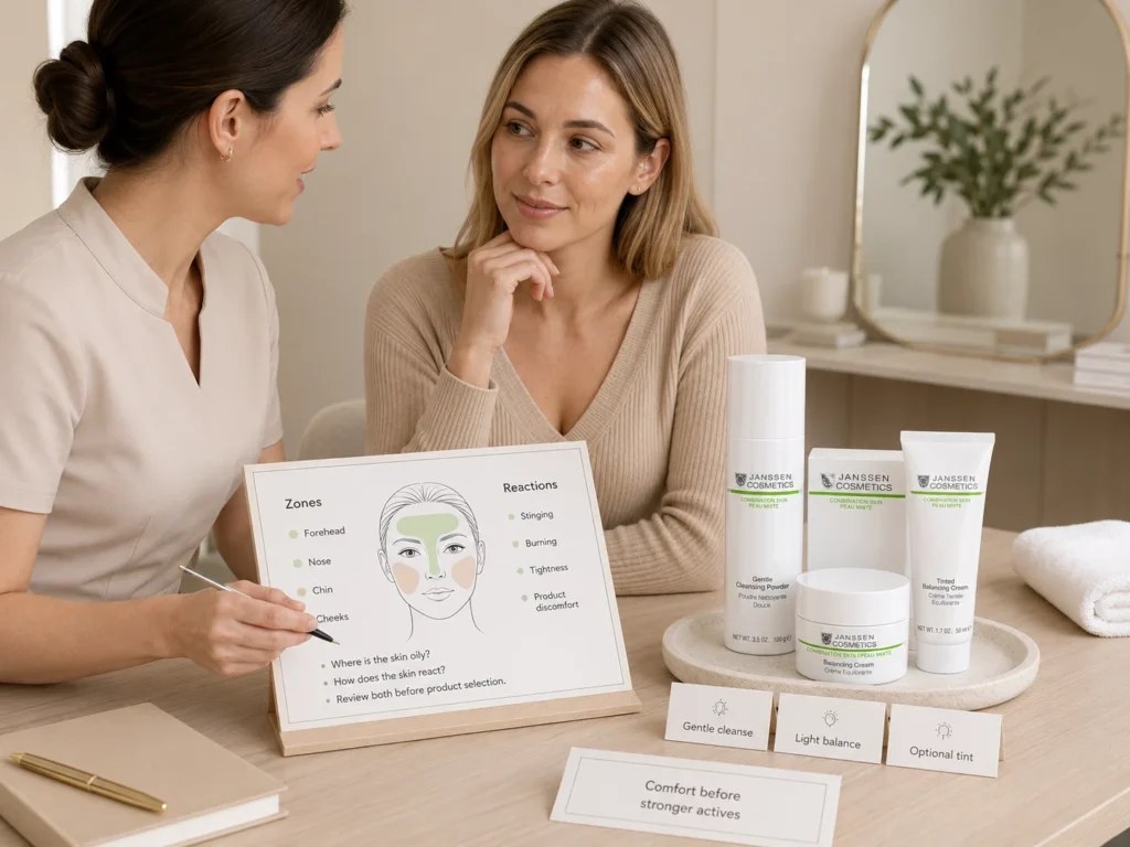 Licensed esthetician reviewing facial zones and product reactions beside verified Janssen Gentle Cleansing Powder, Balancing Cream, and Tinted Balancing Cream.