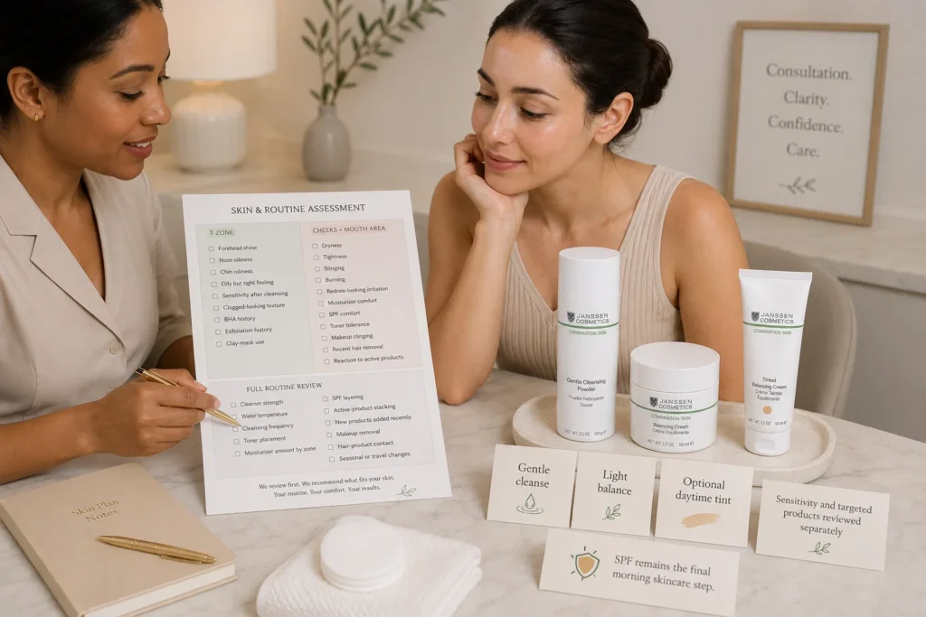 Licensed esthetician reviewing oily T-zone behavior, sensitive cheeks, product reactions, and moisturizer placement beside verified Janssen Gentle Cleansing Powder, Balancing Cream, and Tinted Balancing Cream.