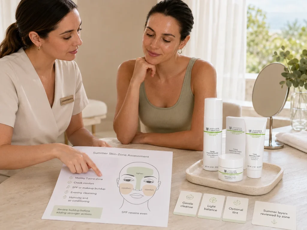 Licensed esthetician reviewing summer combination-skin zones beside verified Janssen Gentle Cleansing Powder, Balancing Cream, and Tinted Balancing Cream.