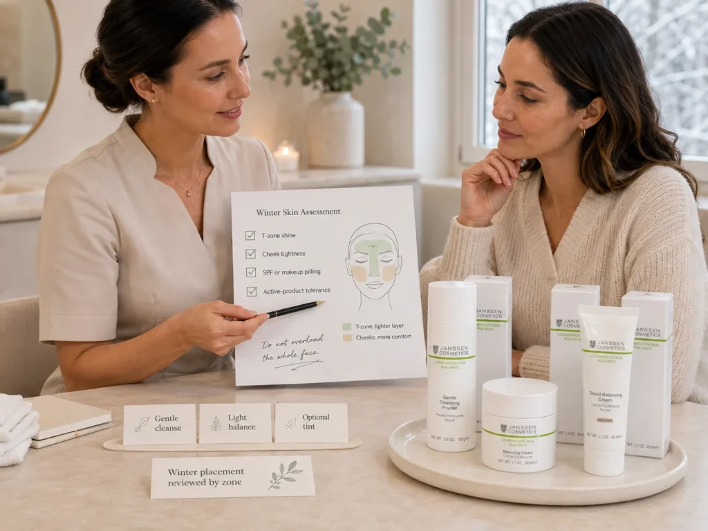 Licensed esthetician reviewing winter combination-skin zones beside verified Janssen Gentle Cleansing Powder, Balancing Cream, and Tinted Balancing Cream.