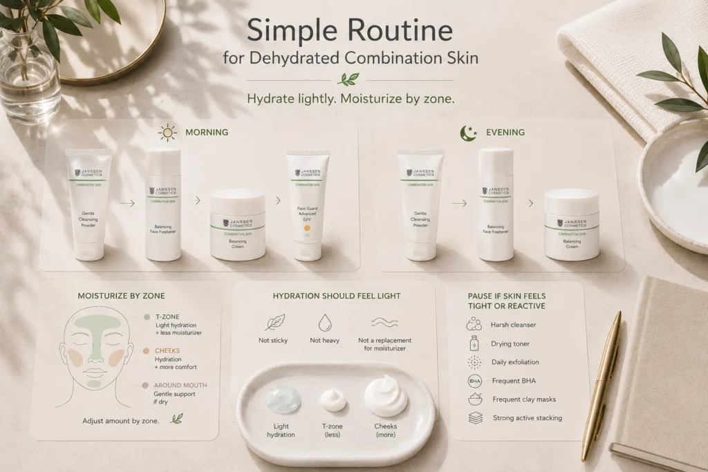 Simple dehydrated combination-skin routine showing lightweight hydration, moisturizer adjusted by zone, and morning SPF.
